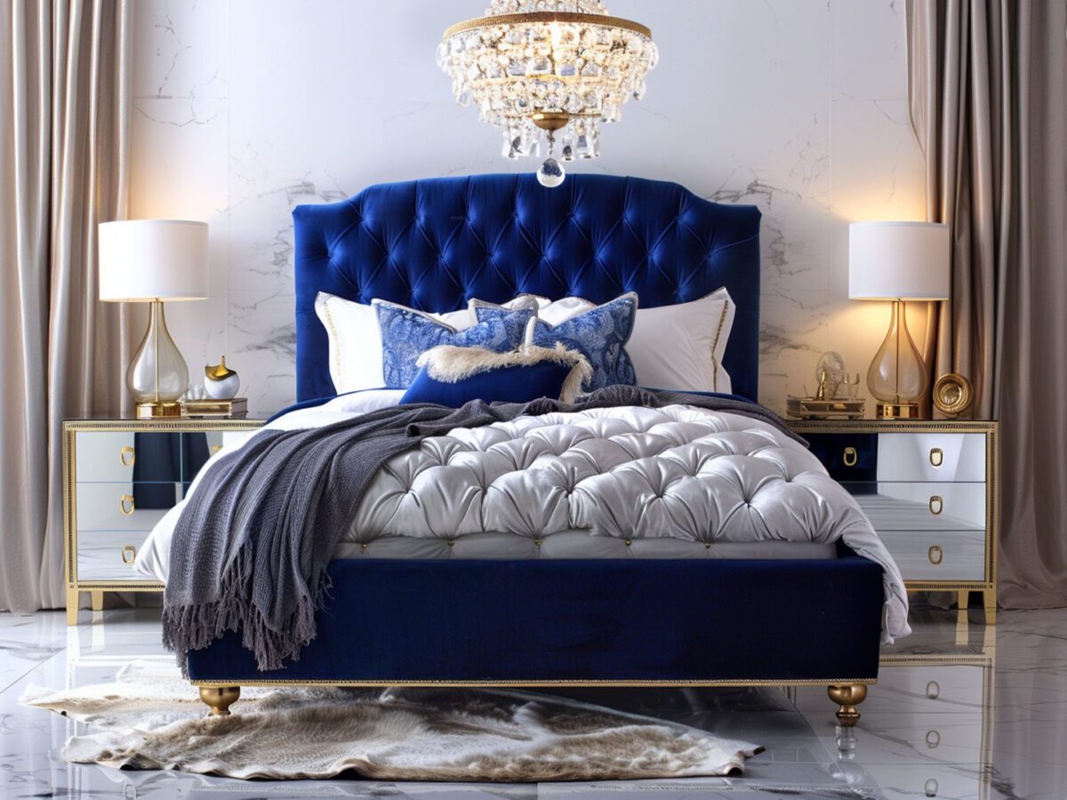 Glamour sypialnia z niebieskim tapicerowanym łóżkiem i kryształowym żyrandolem