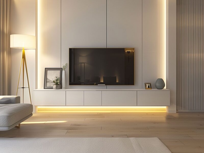 Nowoczesny salon z minimalistycznym zestawem RTV i podświetleniem LED