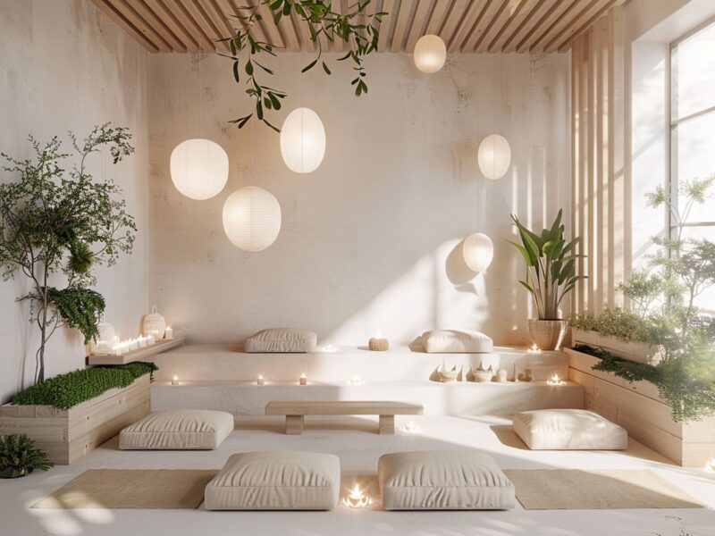 Boho salon z białymi poduszkami, roślinami i kulistymi lampami
