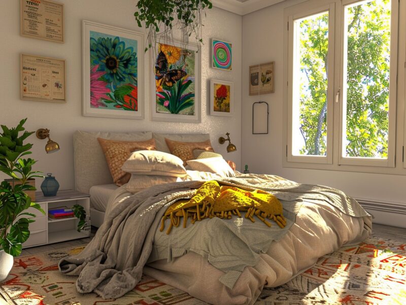 Boho sypialnia z kolorową pościelą, roślinami i jasnym światłem