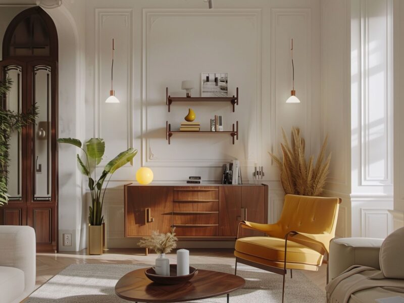 Retro salon z kolorowymi akcentami, żółtym fotelem i minimalistycznymi półkami