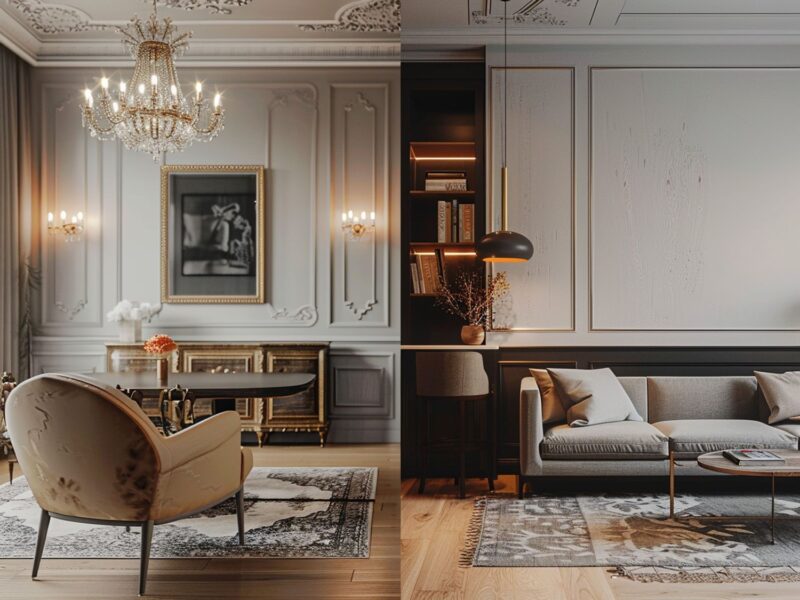 Glamour salon z klasycznymi dekoracjami, kryształowym żyrandolem i eleganckimi fotelami