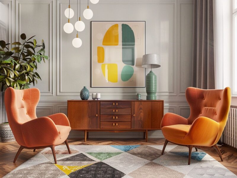 Retro salon z kolorowymi fotelami, geometrycznym dywanem i drewnianą komodą