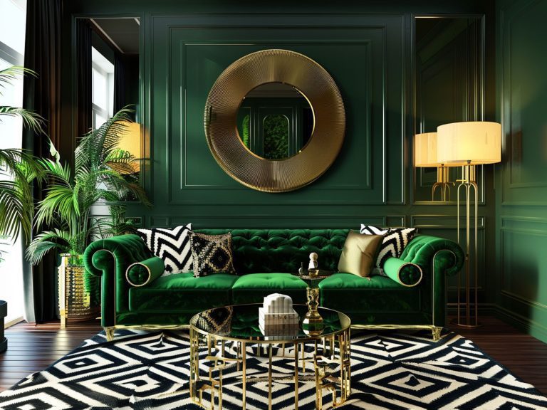 Glamour salon z zieloną sofą Chesterfield i geometrycznym dywanem