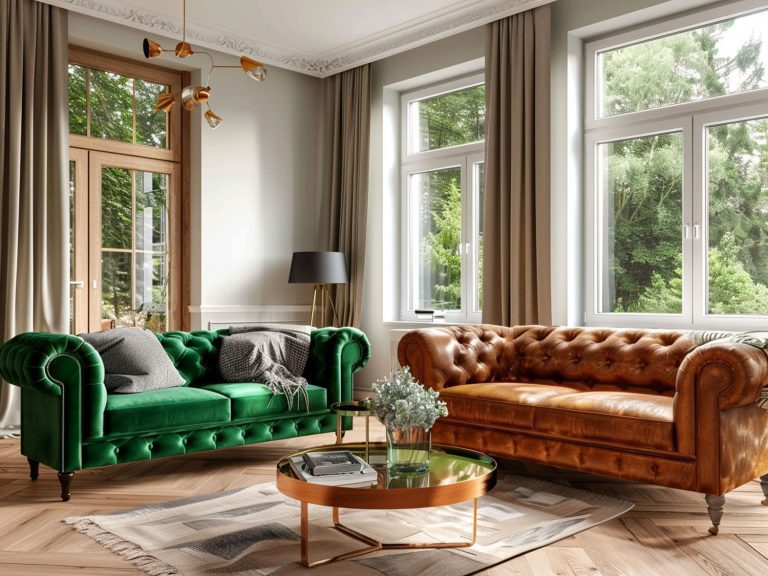 Glamour salon z zieloną i brązową sofą oraz złotymi dodatkami