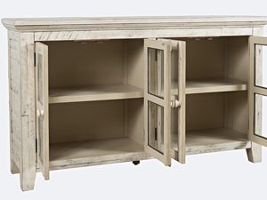 Miniaturka 2 - Kremowa drewniana witryna z przeszklonymi drzwiami otwarte wnętrze