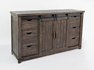 Miniaturka 1 - Drewniany kredens w stylu wiejskim z półkami i przesuwnymi drzwiami