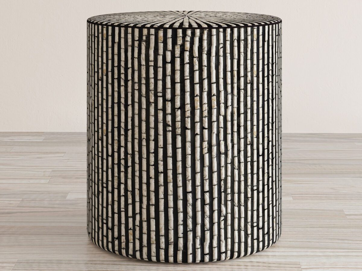 Okrągły stolik z dekoracyjnym wzorem w stylu industrialnym kolor czarno-biały