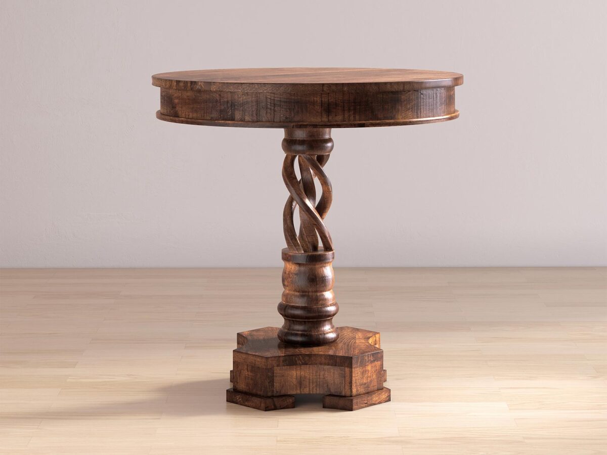 Drewniany stolik boczny z dekoracyjną rzeźbioną nogą w stylu vintage