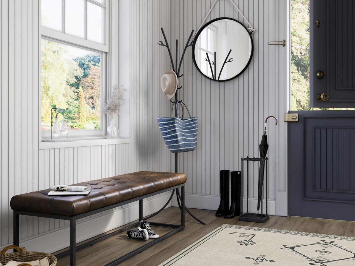 Ławka tapicerowana z ciemnej skóry