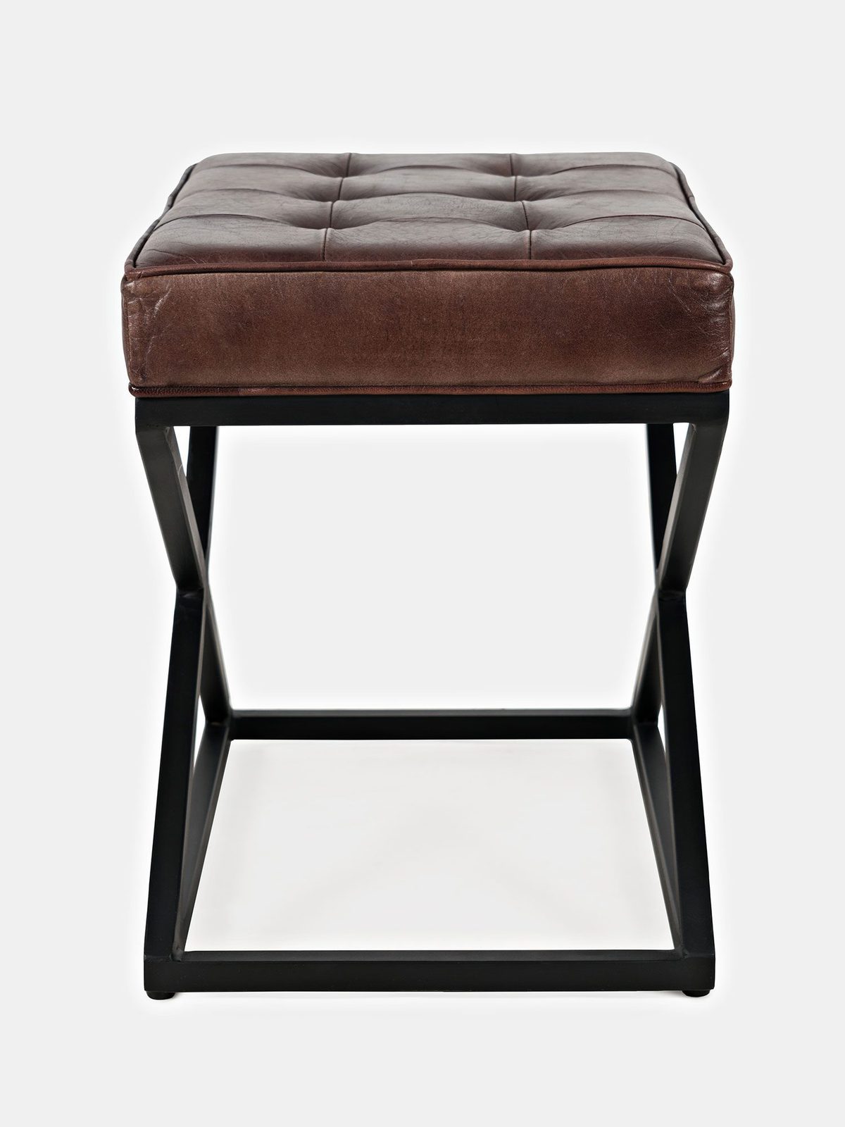 Skórzana pufa z metalową podstawą w kształcie litery X