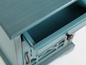 Miniaturka 6 - Drewniana szafka nocna w kolorze turkusowym z szufladą i dekoracyjnymi drzwiami