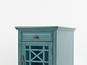 Miniaturka 2 - Turkusowa drewniana szafka nocna z przeszklonymi drzwiami w stylu klasycznym