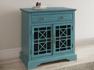 Miniaturka 4 - Turkusowa drewniana komoda z dekoracyjnymi frontami i szufladami