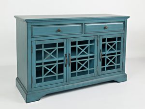 Miniaturka 1 - Turkusowa drewniana komoda z przeszklonymi drzwiami i szufladami w stylu klasycznym