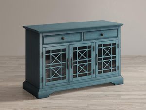 Miniaturka 6 - Drewniana komoda w kolorze turkusowym z dekoracyjnymi frontami w stylu vintage