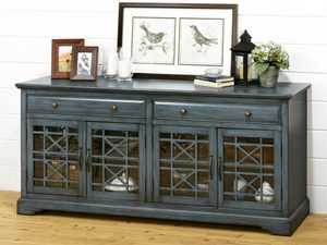 Miniaturka 9 - Komoda drewniana w kolorze morskim z ozdobnymi uchwytami i przeszklonymi drzwiczkami