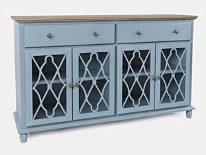 Miniaturka 1 - Elegancka niebieska komoda z drewnianym blatem i przeszklonymi frontami