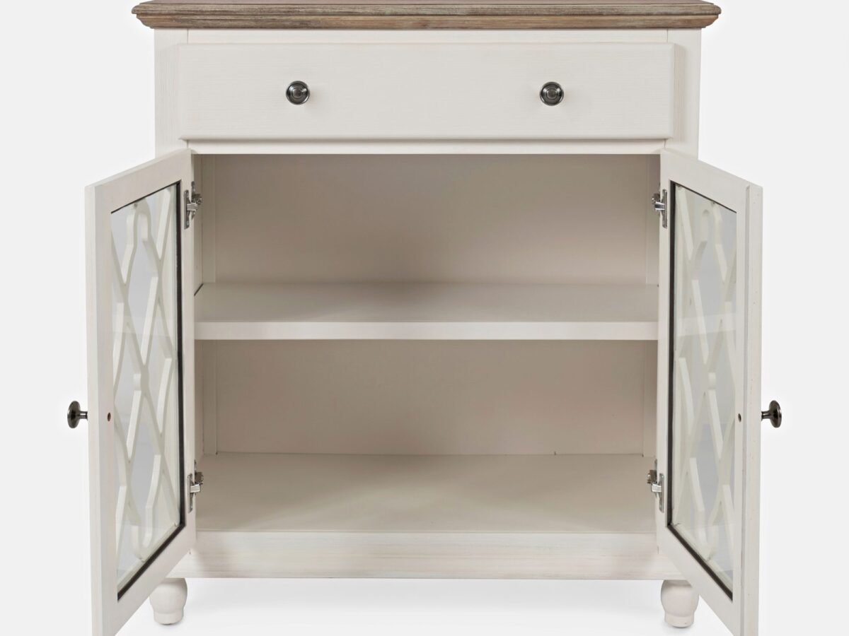 Komoda z przeszklonymi drzwiami i drewnianym blatem do stylowego wnętrza