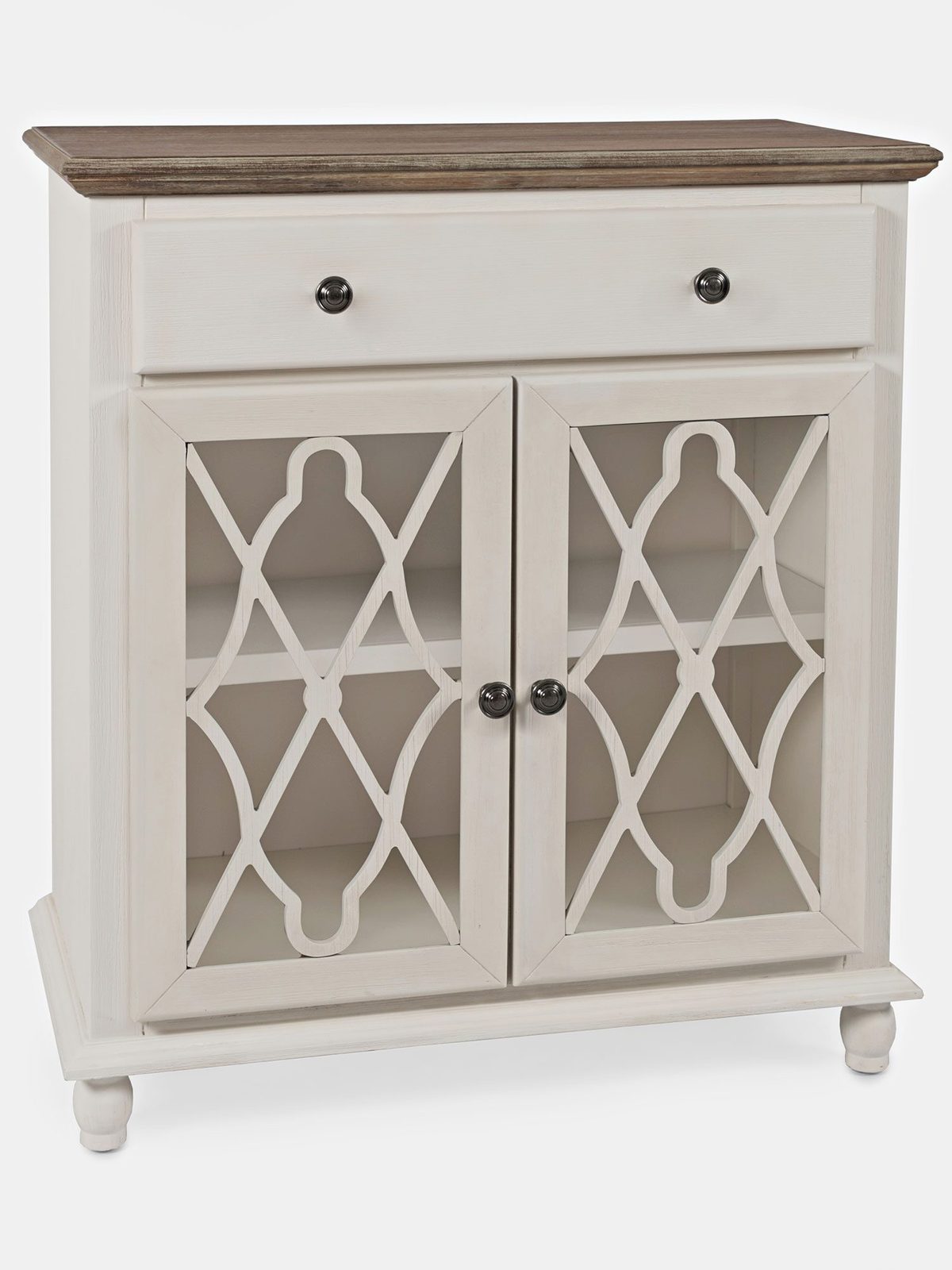 Biała komoda z przeszklonymi drzwiami i dekoracyjnymi frontami