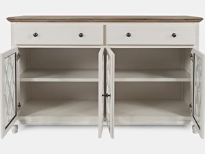 Miniaturka 5 - Biała komoda z dekoracyjnymi frontami i drewnianym blatem do stylowych wnętrz