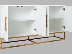 Miniaturka 2 - Otwarta biała komoda z dekoracyjnymi drzwiami i półkami