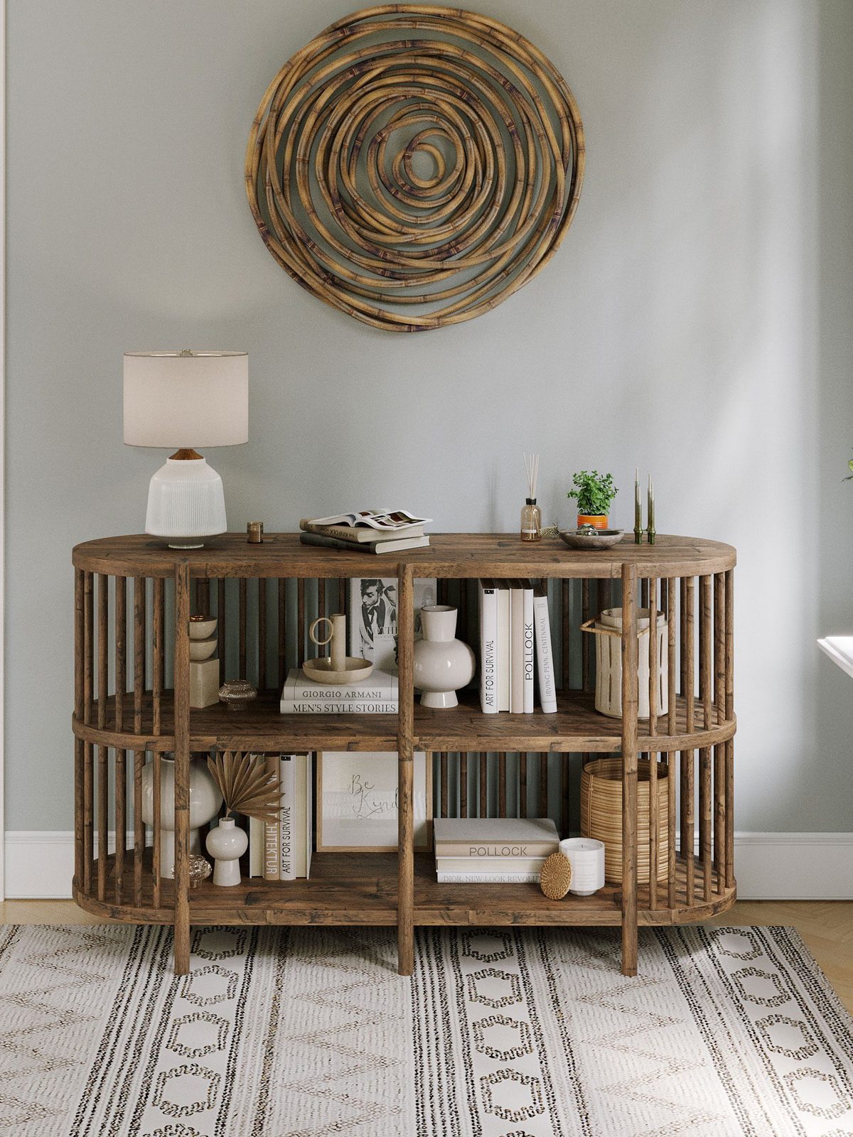 Regał w stylu loft z pionowymi szczebelkami i otwartymi półkami