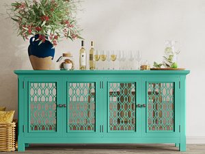 Miniaturka 7 - Komoda w stylu boho z ażurowymi drzwiami w zielonym kolorze