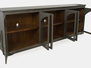 Miniaturka 4 - Witryna do salonu z przeszklonymi drzwiami i drewnianymi półkami