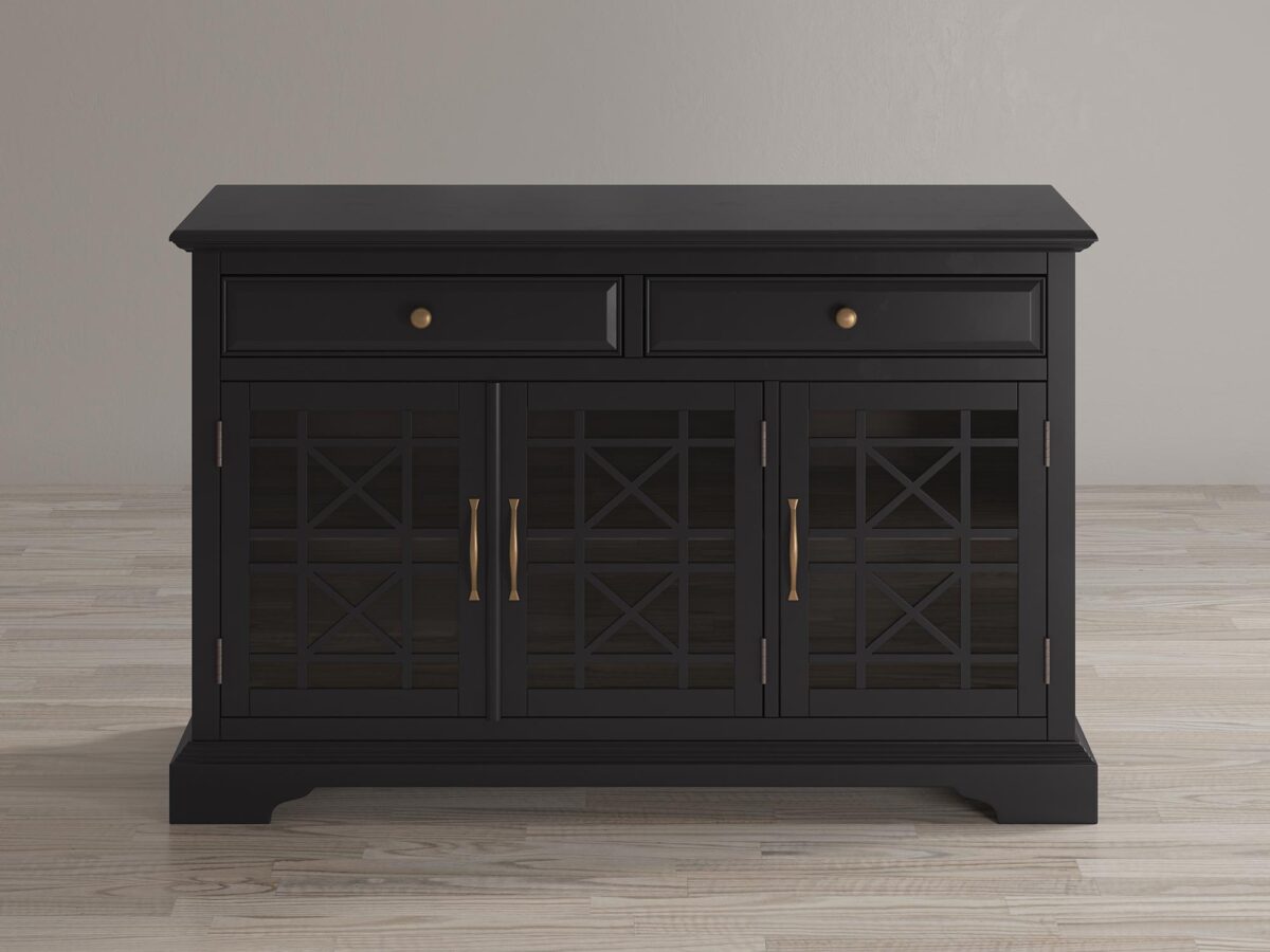 Drewniana komoda z przeszklonymi drzwiami i szufladami w stylu klasycznym kolor czarny