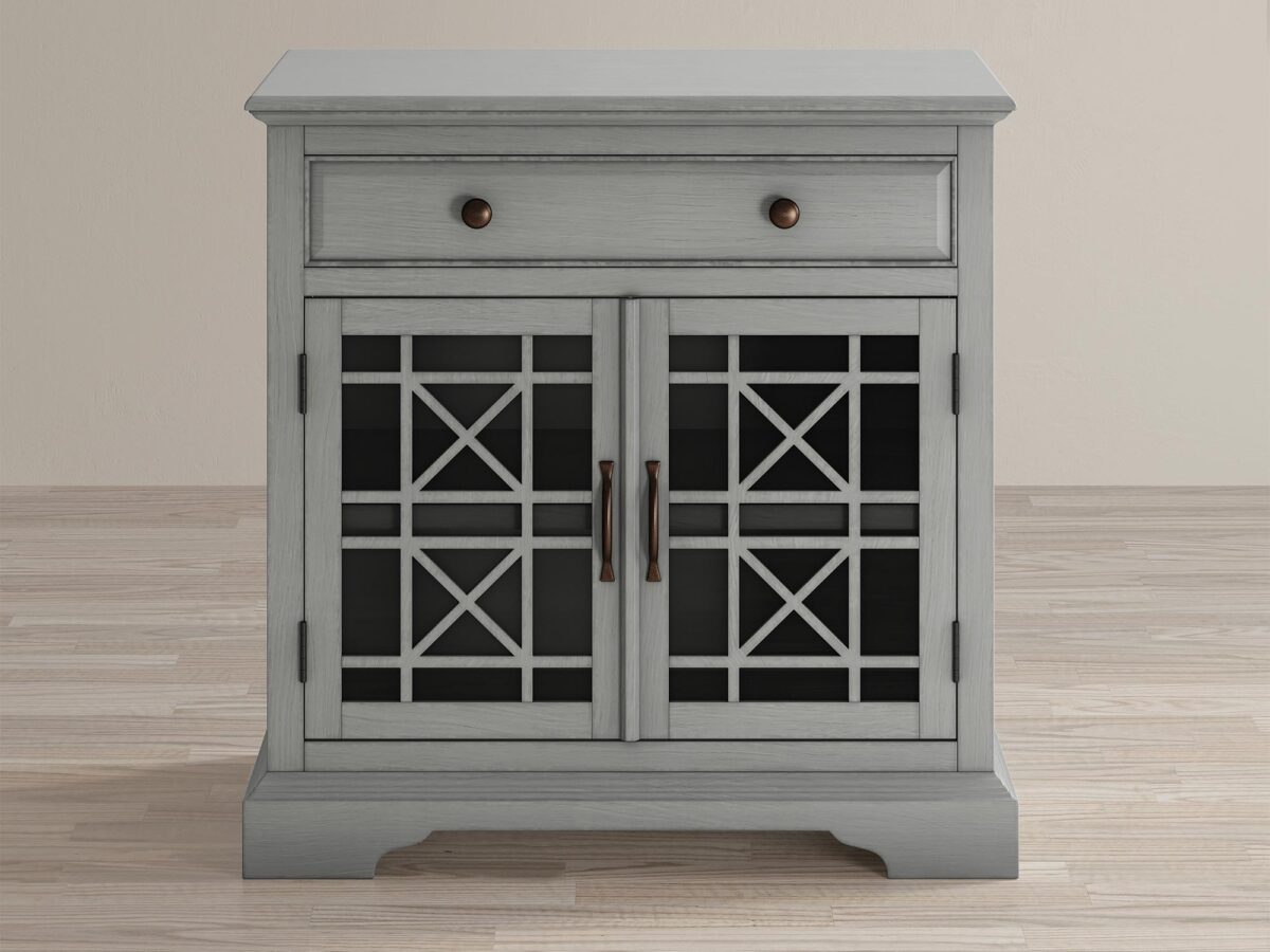 Drewniana komoda z przeszklonymi drzwiami w stylu klasycznym kolor szary