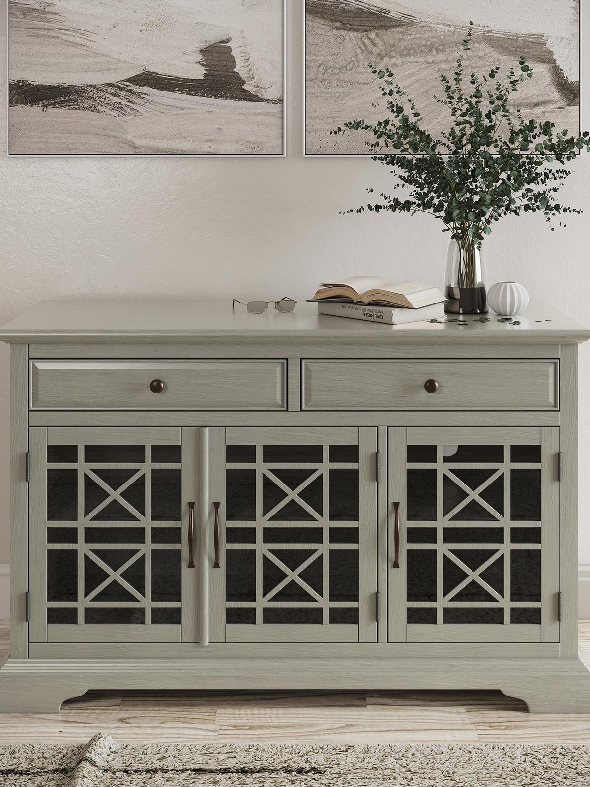 Drewniana komoda z trzema szufladami i przeszklonymi frontami w stylu klasycznym kolor szary