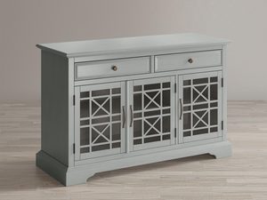 Miniaturka 7 - Szara drewniana komoda z trzema szufladami i przeszklonymi drzwiami w stylu klasycznym