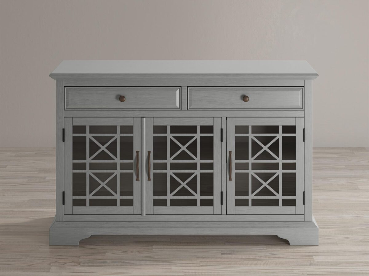 Drewniana komoda z trzema szufladami i przeszklonymi drzwiami w stylu klasycznym kolor szary