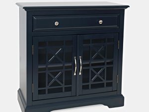 Miniaturka 1 - Czarna drewniana komoda z przeszklonymi drzwiami i szufladami w stylu klasycznym