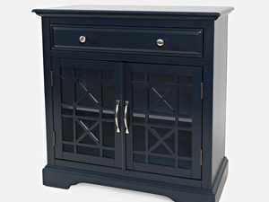 Miniaturka 2 - Czarna drewniana komoda z przeszklonymi drzwiami i metalowymi uchwytami w stylu vintage