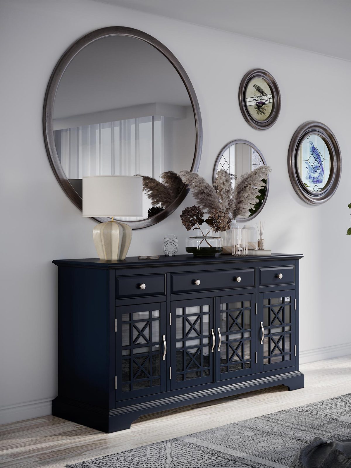 Drewniana komoda z trzema szufladami i przeszklonymi drzwiami w stylu klasycznym kolor czarny