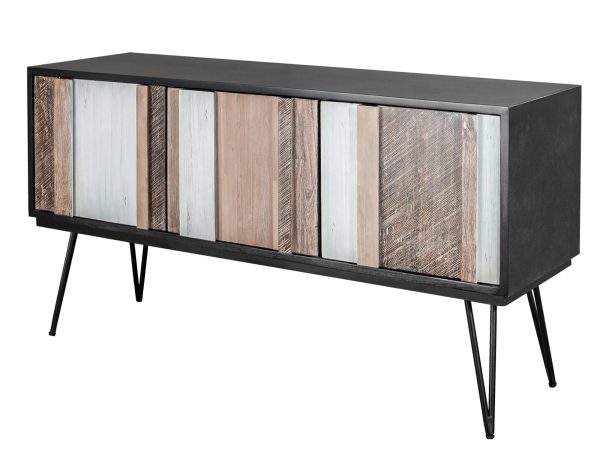 Czarno-brązowa komoda z otwartymi drzwiami i półkami w stylu industrialnym kolor naturalny