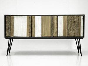 Miniaturka 3 - Czarno-brązowa komoda z dekoracyjnymi frontami i metalowymi nogami w stylu industrialnym