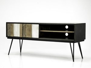 Miniaturka 1 - Czarno-brązowa komoda RTV z dekoracyjnymi frontami w stylu industrialnym kolor naturalny