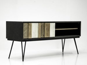 Miniaturka 4 - Czarno-brązowa komoda RTV z dekoracyjnymi frontami i metalowymi nogami w stylu industrialnym