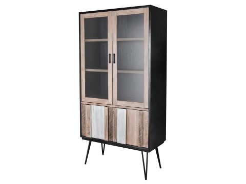 Drewniana witryna z dekoracyjnymi frontami i przeszklonymi drzwiami w stylu industrialnym kolor ciemny brąz