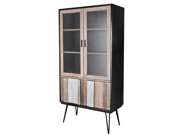 Drewniana witryna z dekoracyjnymi frontami i przeszklonymi drzwiami w stylu industrialnym kolor ciemny brąz