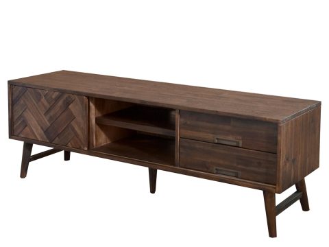 Drewniany stolik TV z dekoracyjnymi frontami w stylu industrialnym kolor ciemny brąz