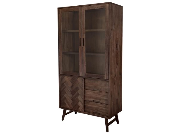 Drewniana witryna z przeszklonymi drzwiami i dekoracyjnymi frontami w stylu loftowym kolor ciemny brąz