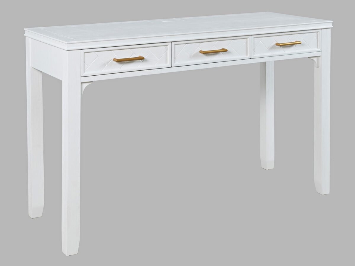 Konsola z białym frontem w jodełkę i złotymi uchwytami