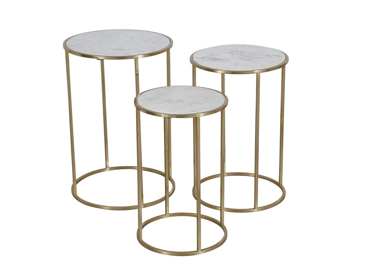 Zestaw Stolików Złote z Marmurowymi Blatami i Okrągłą Podstawą – Avola
