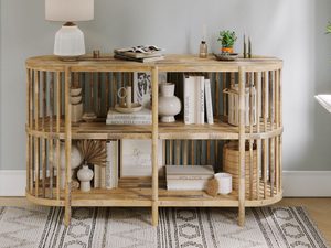 Miniaturka 5 - Otwarty regał z drewnianymi półkami do salonu w stylu loft