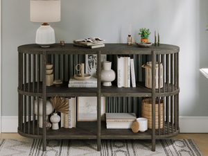 Miniaturka 5 - Półokrągły regał z drewnianymi półkami do nowoczesnych wnętrz