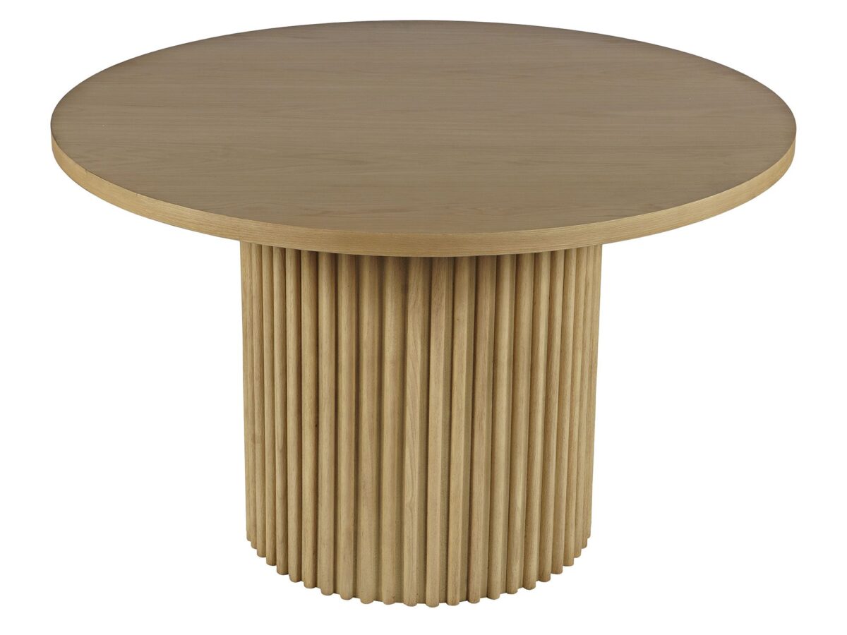 Okrągły stół z drewnianą podstawą w stylu skandynawskim